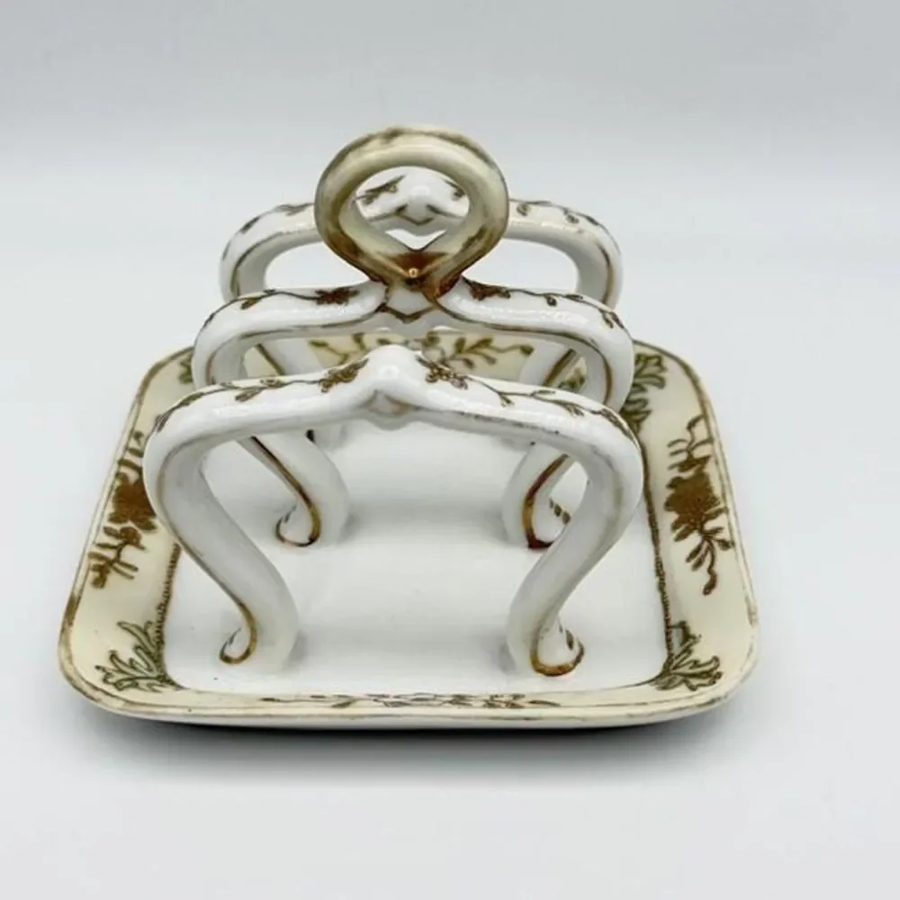 Antique Nippon Hand Painted Toast Rack Holder White Gold Flower Bead Trim 5 in